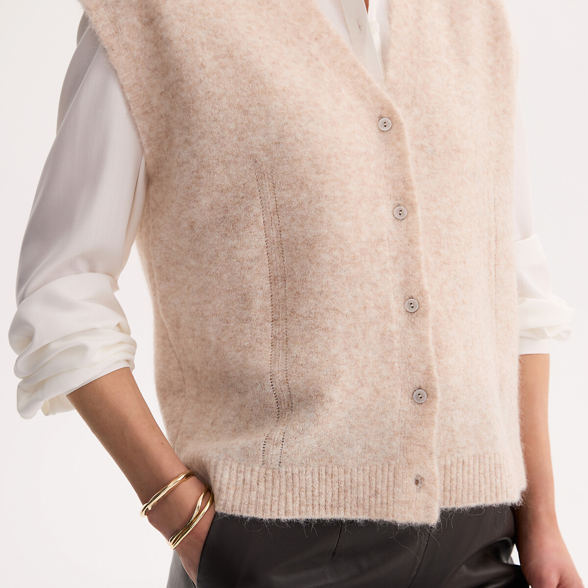 Gilet sans manches en maille chinée beige clair chiné, ANNE WEYBURN