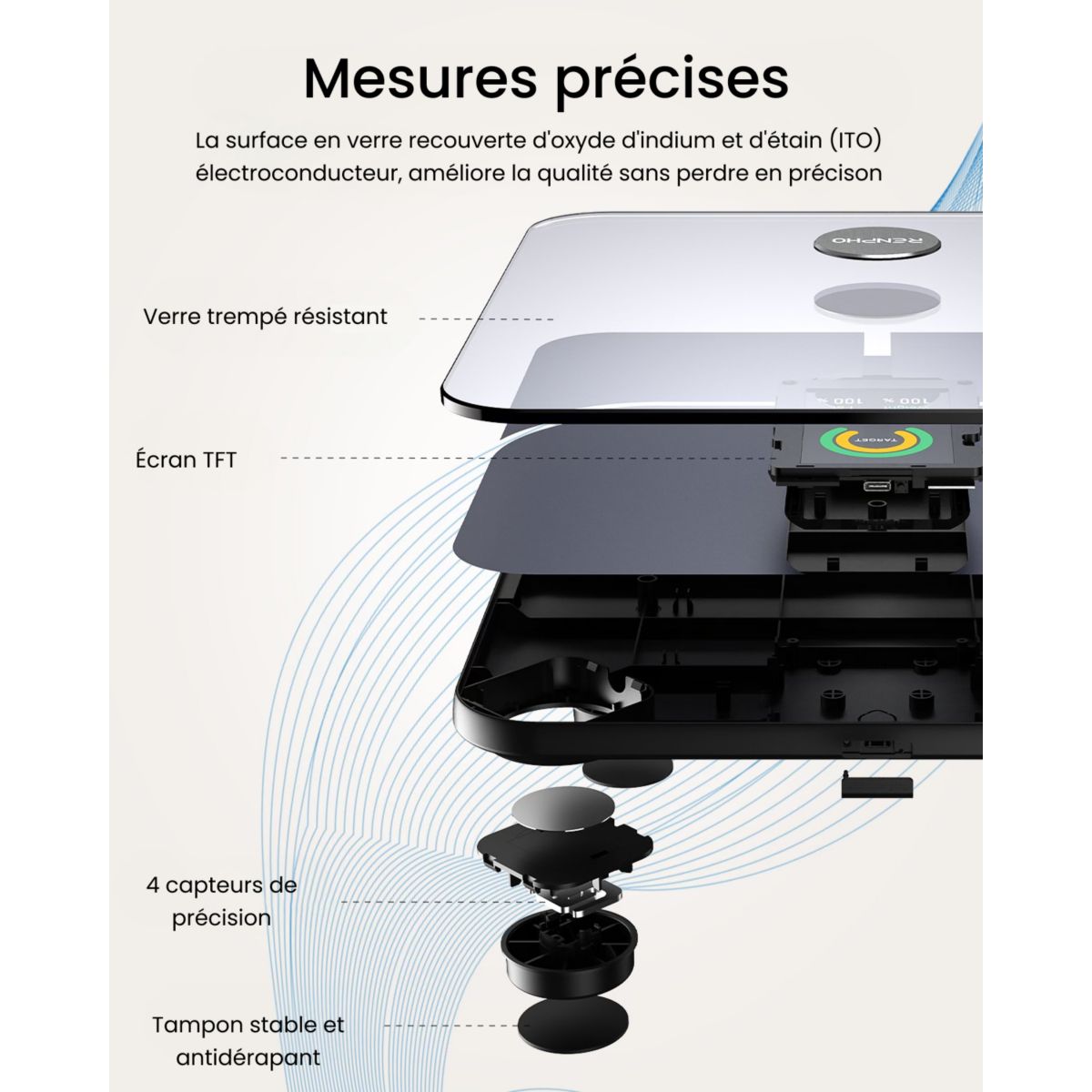 Pèse personne connecté Elis Nova A031- Impédancemètre Haute Précision Bluetooth, 13 Données corporelles - Rechargeable couleur unique, RENPHO