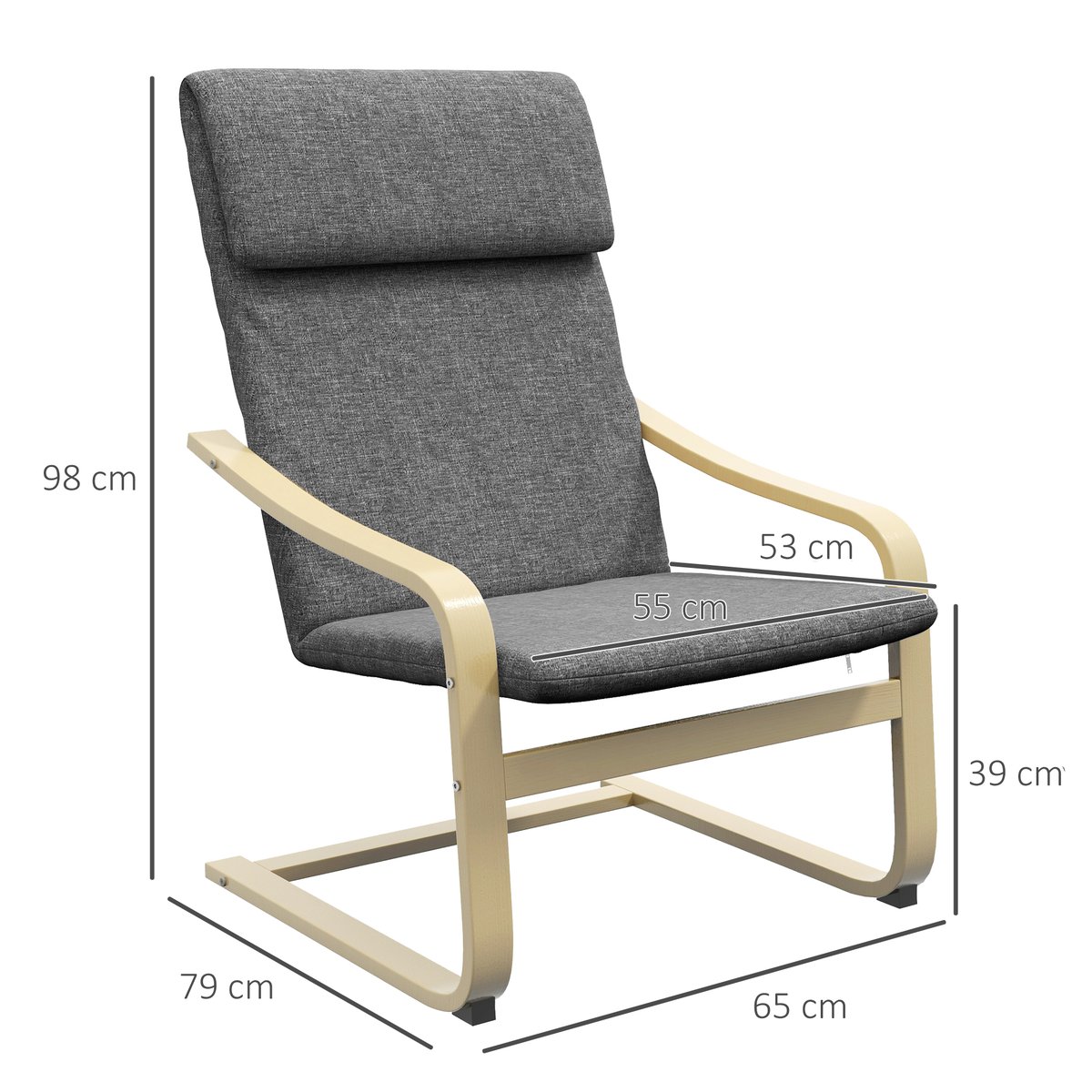 Accent Chair Polyester Gris gris foncé, cadre bois naturel, HOMCOM