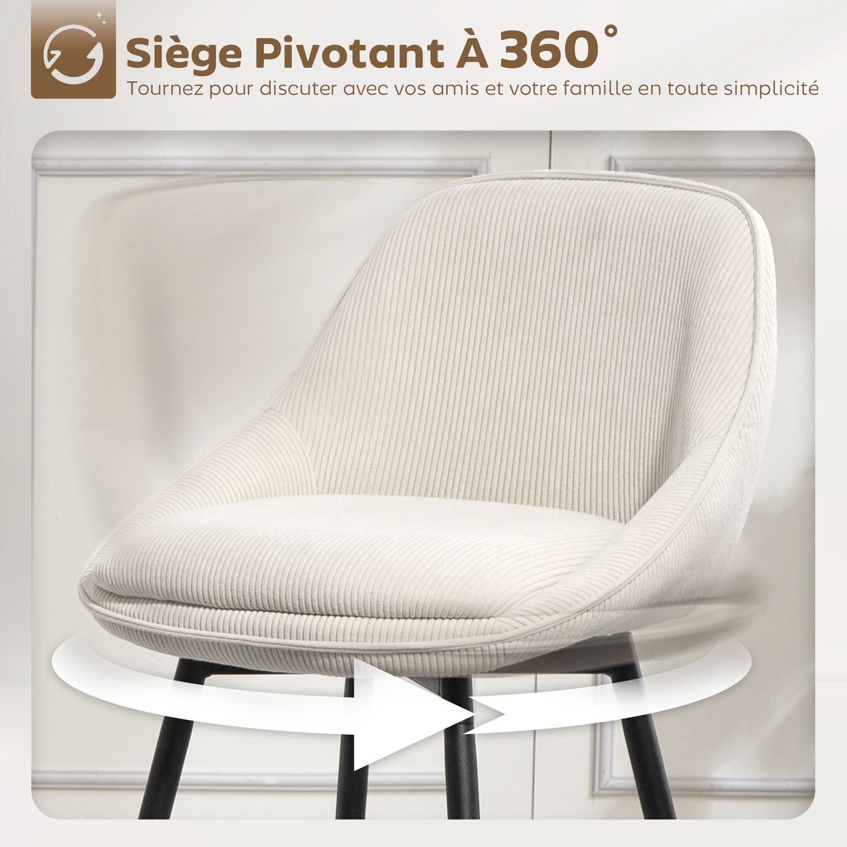 Tabouret de bar Velours côtelé Crème crème, HOMCOM