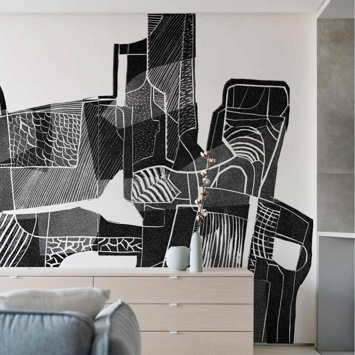 Papier peint panoramique EtiK GraphiK, Gris 225 x 250cm noir et blanc, ACTE DECO