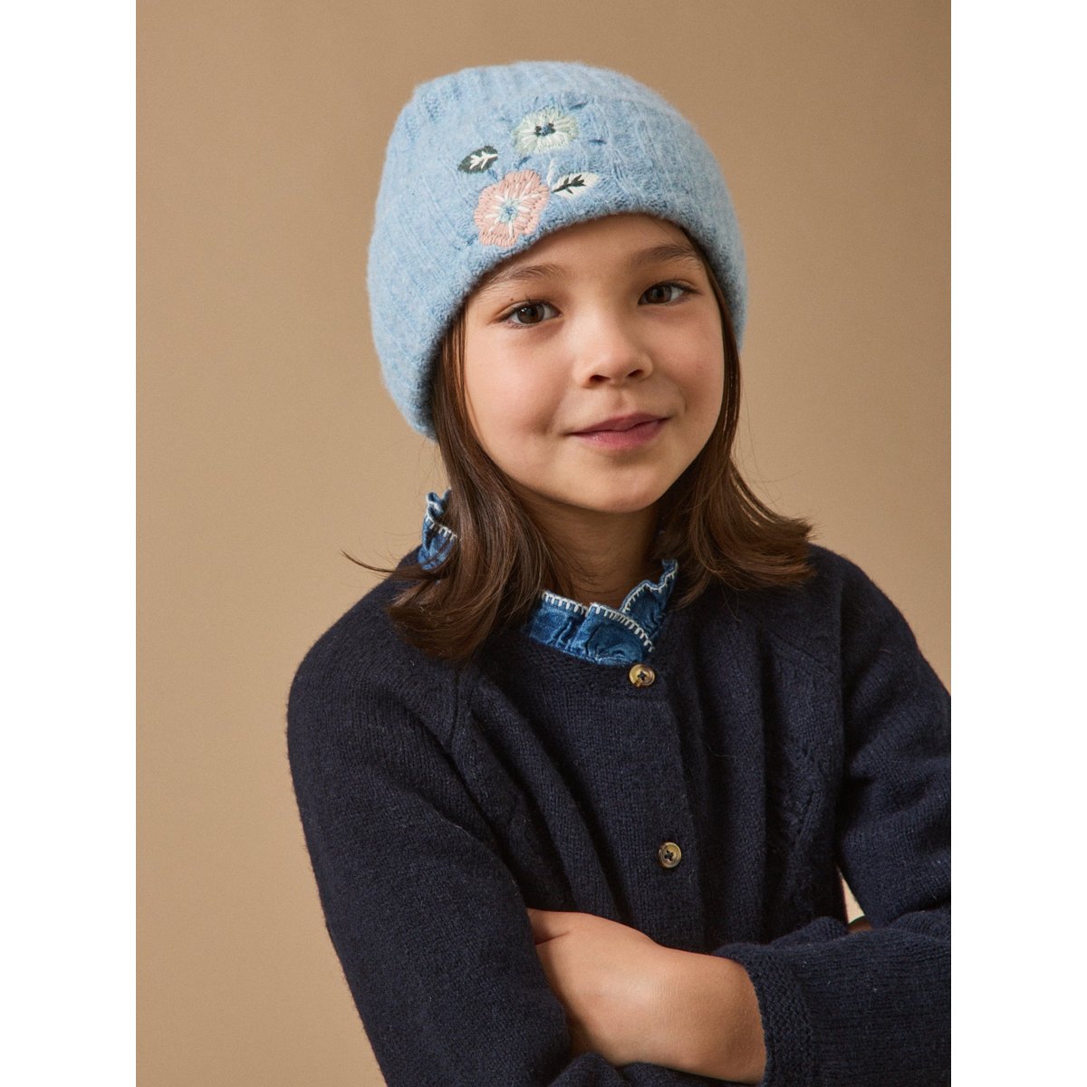 Bonnet brodé maille côtelée bleu orion, CYRILLUS