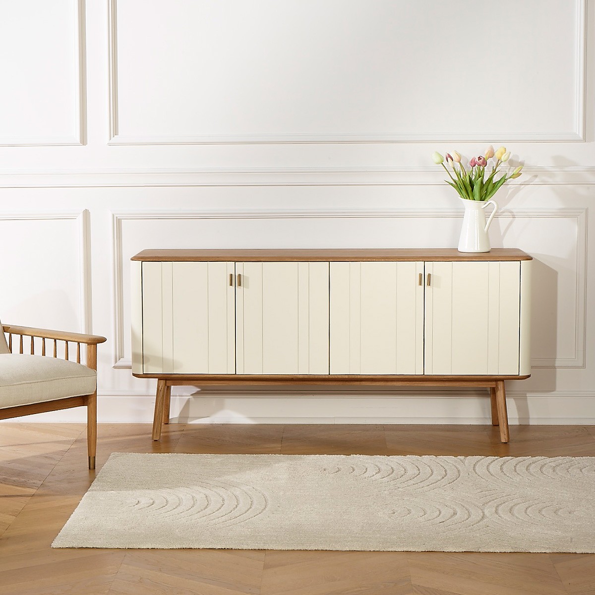 Buffet style contemporain, plateau en chêne, 4 portes KYOTO blanc, ROBIN DES BOIS