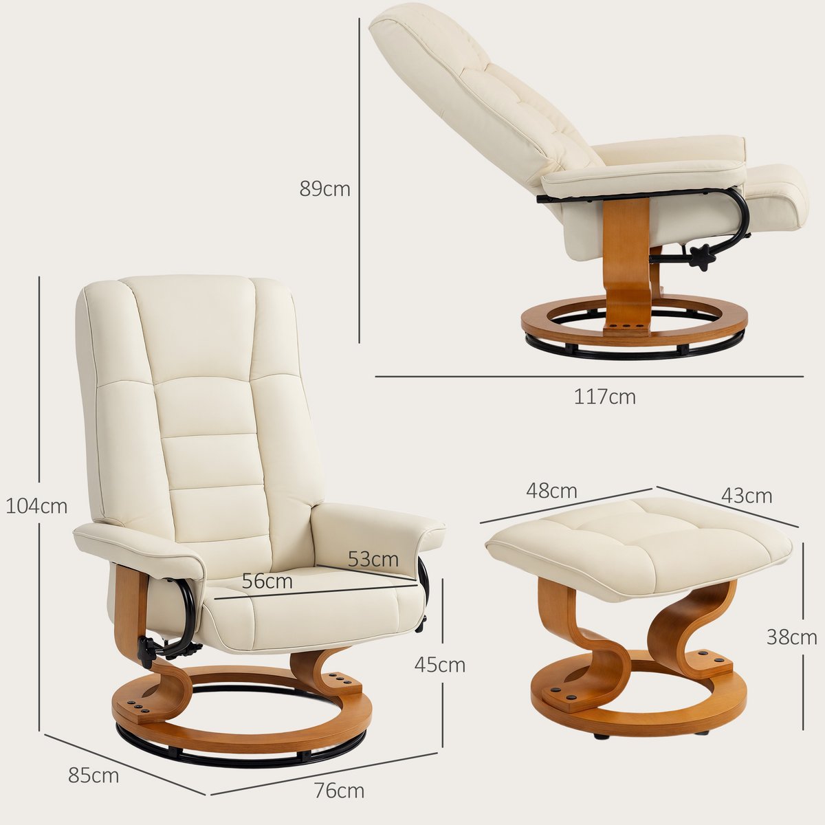 Fauteuil inclinable avec repose-pieds crème, bois naturel, HOMCOM
