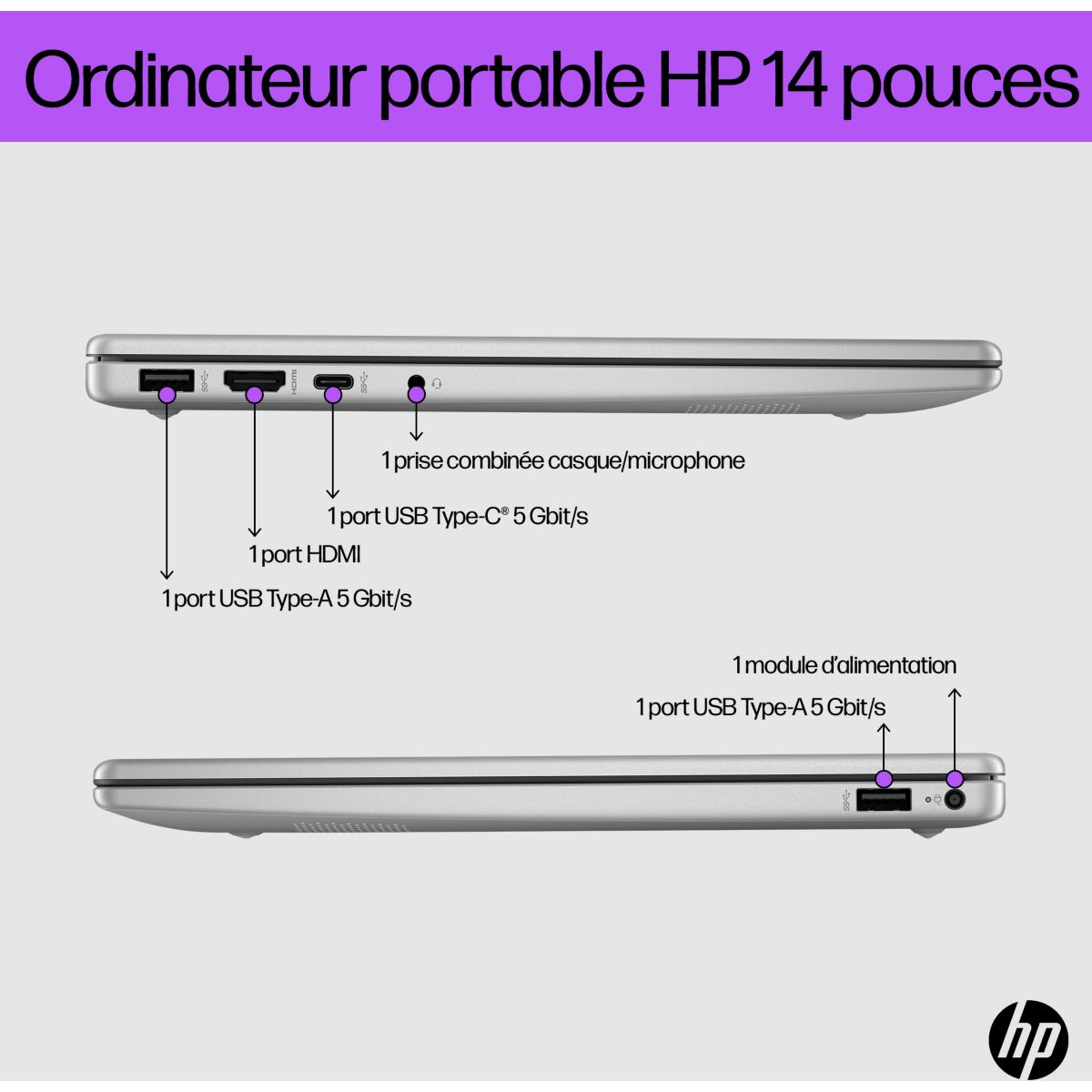 Ordinateur portable 14-em0042nf 14" AMD Ryzen 5 7520U 16 Go RAM DDR4 SSD 512 Go couleur unique, HP