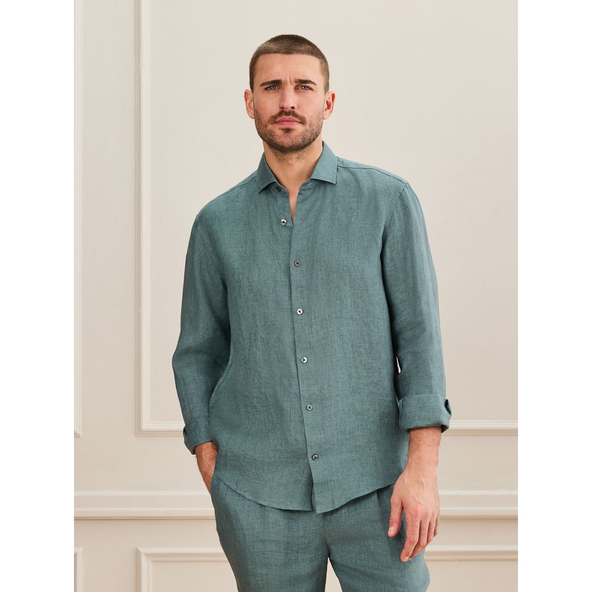 Chemise manches longues lin tissé signature bleu sarcelle, NEXT