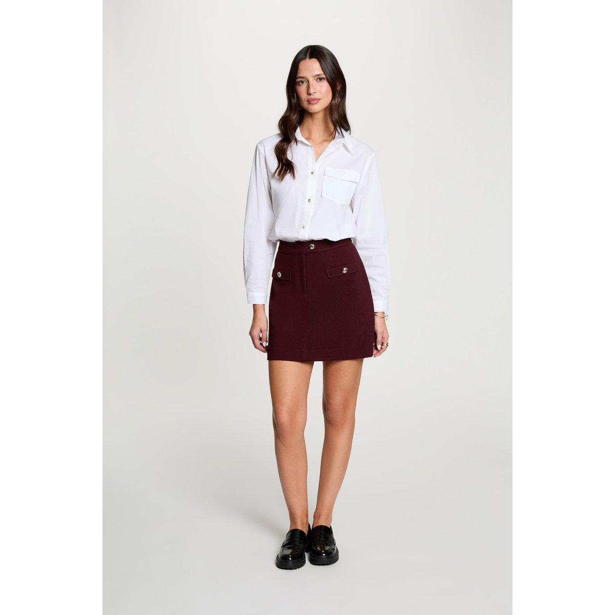 Jupe courte taille haute prune, MORGAN