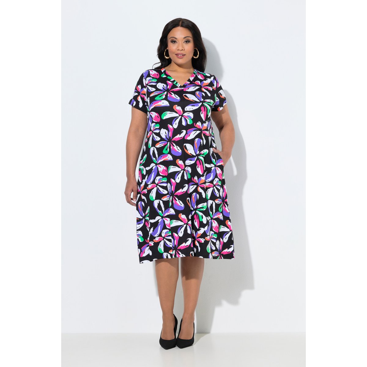 Robe midi motif floral, avec poches noir, ULLA POPKEN
