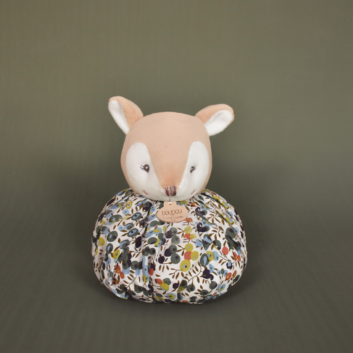 Doudou boule faon 25 cm beige/imprimé bleu, DOUDOU ET COMPAGNIE