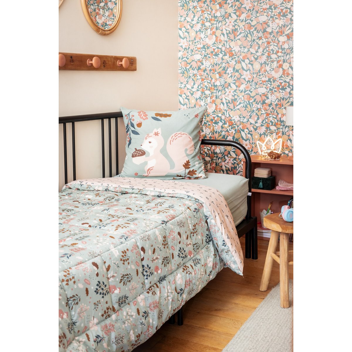 Couette coton imprimee Tamia l ecureuil vert, EDEN