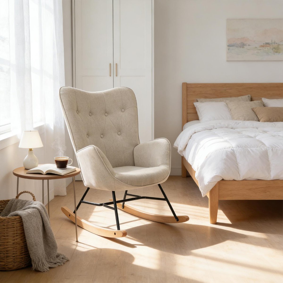 Fauteuil à bascule rocking chair scandinave en tissu, EPPING beige, MEUBLES COSY