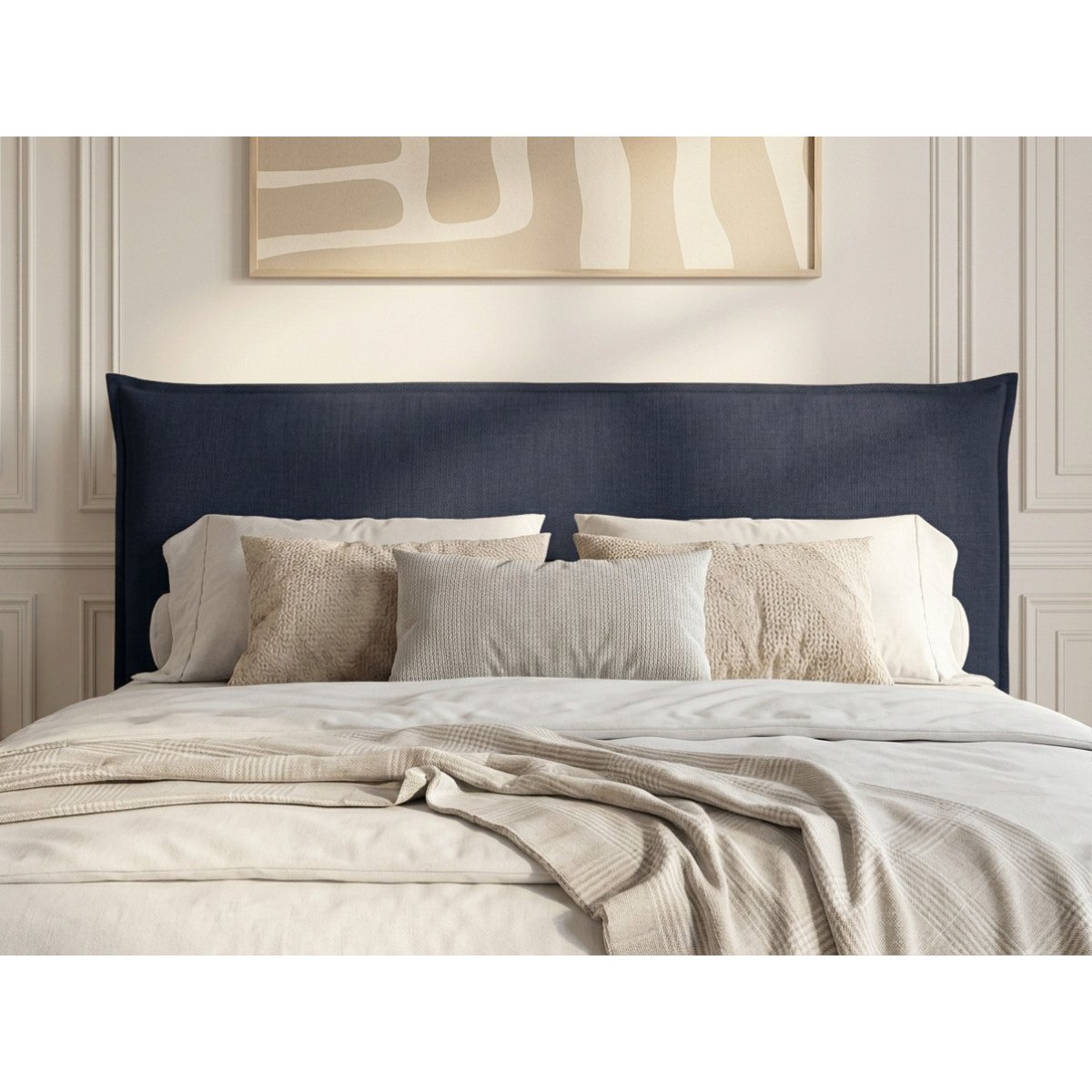 Lit bois revêtement tissu texturé, CHARLIE bleu foncé, BOBOCHIC