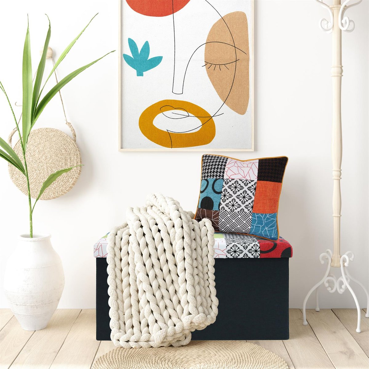 Coffre de rangement pliable patchwork multicolore, EDEN
