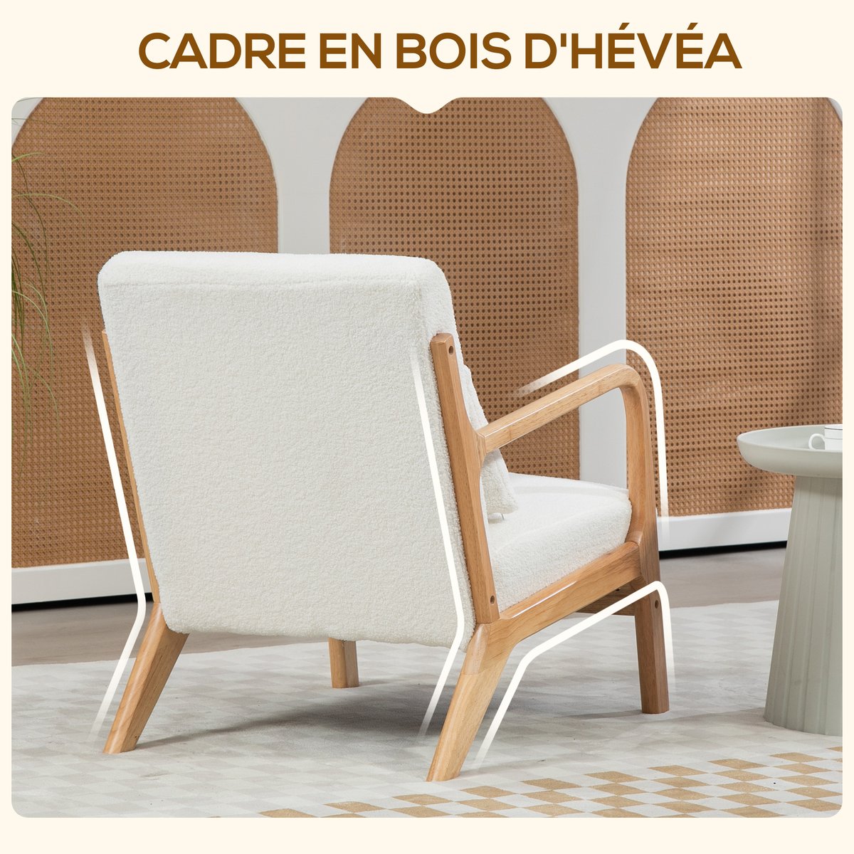 Accent Chair Velours (100 % polyester) Crème crème, bois naturel, HOMCOM