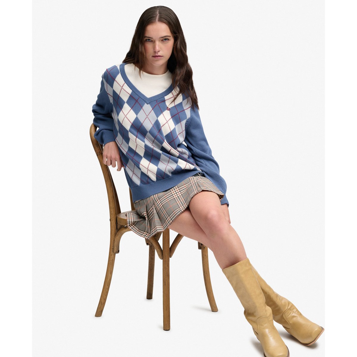 Pull Argyle col V coupe décontractée argyle bleu moyen, SUPERDRY