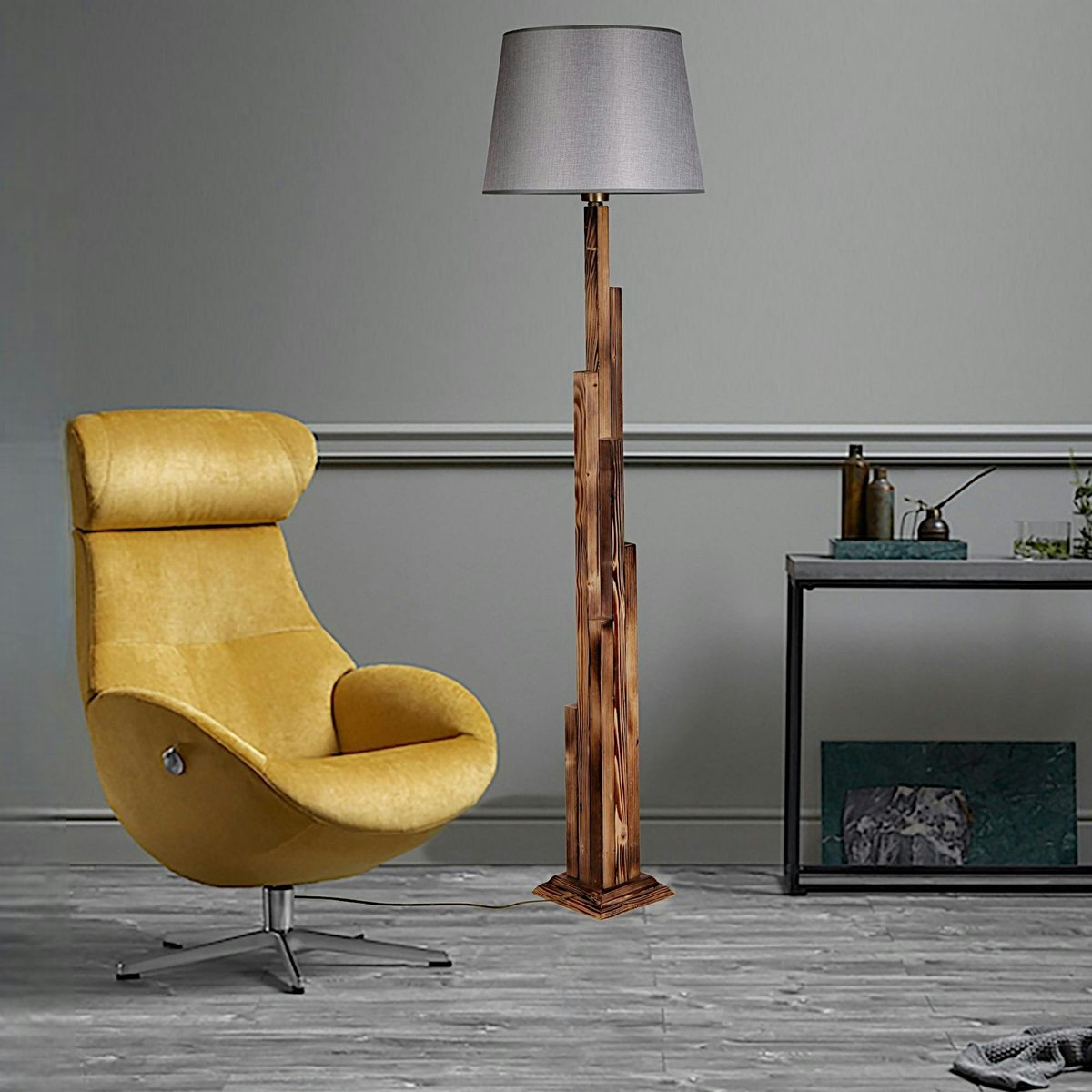 Lampadaire de salon en bois sculpté ANZIO gris, PIER IMPORT