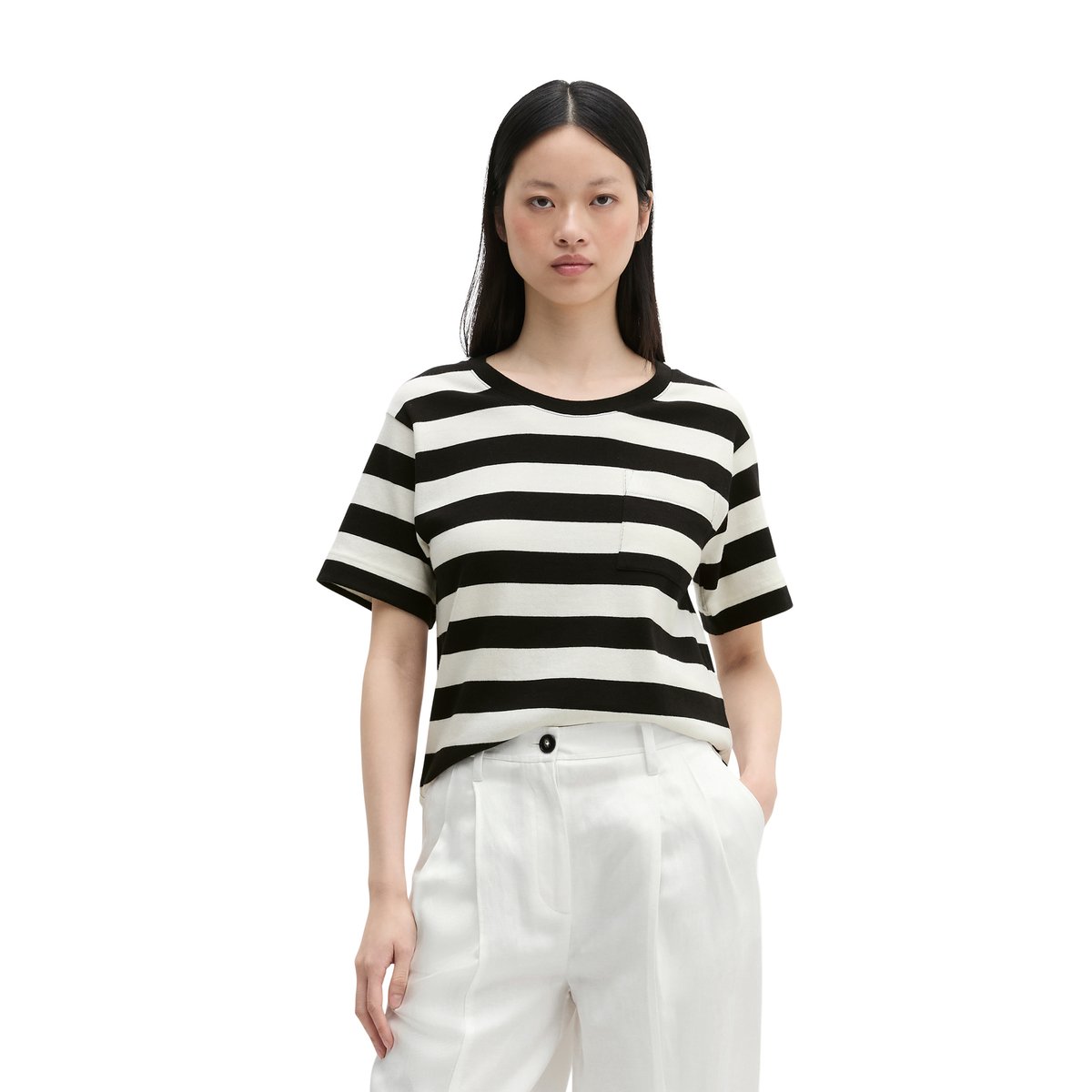 T-shirt rayé loose en single jersey doux bleu foncé, MARC O'POLO