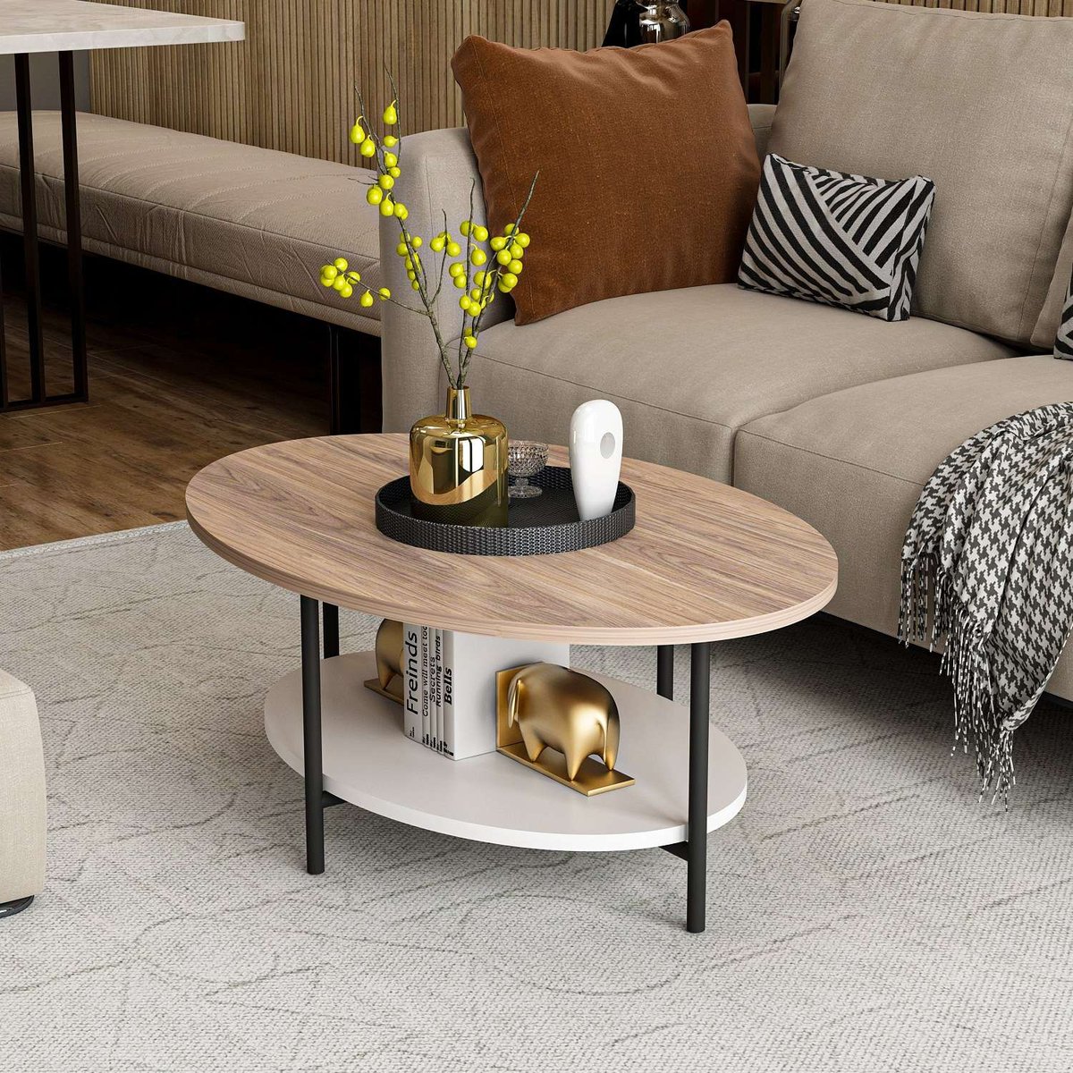Table basse bicolore 1 étagère design scandinave OMBELINE beige, TOILINUX