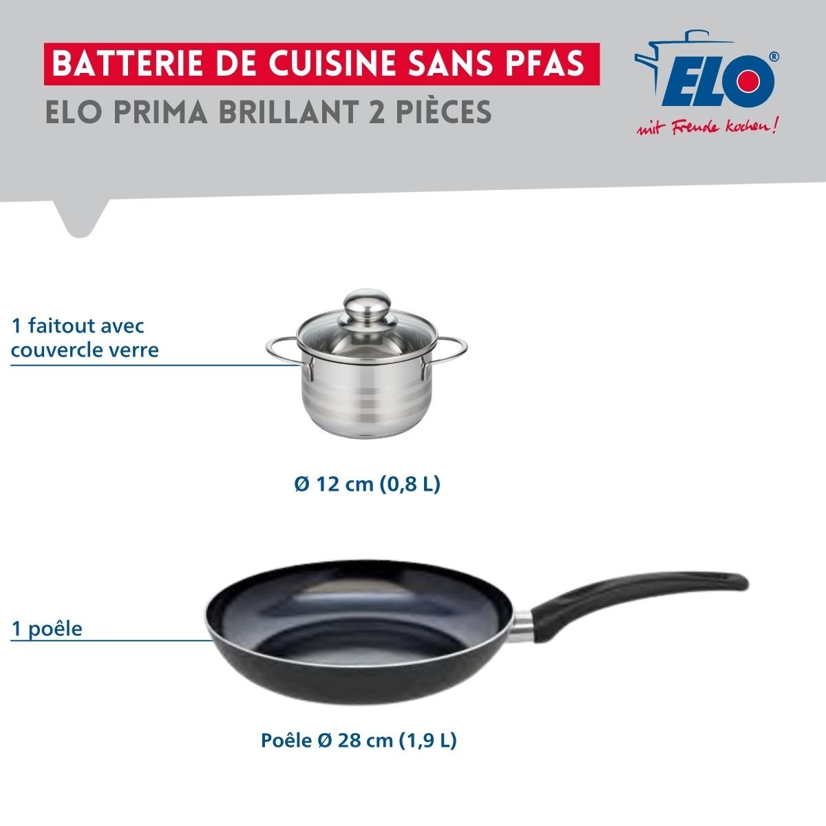 Batterie de cuisine 1 poêle 28cm + 1 faitout 12cm PRIMA BRILLANT noir, ELO