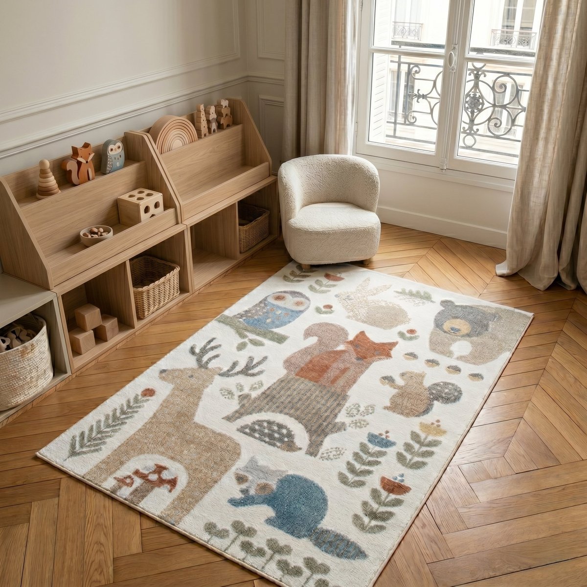 Tapis enfant lavable motif forêt   TABLO FORET gris, jaune, forêt, THE DECO FACTORY