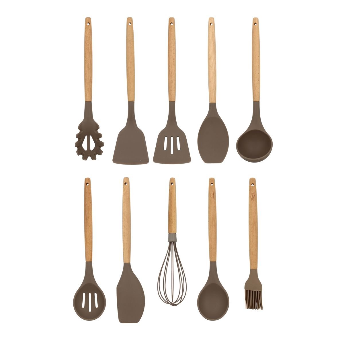 Set de 10 ustensiles en silicone et manche en bois, ELIOTT naturel-taupe, MENASTYL