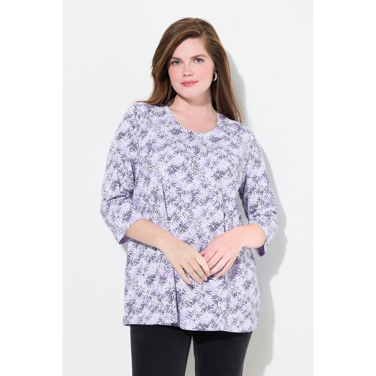 T-shirt à fleurs, col rond et manches 3/4 lavande, ULLA POPKEN