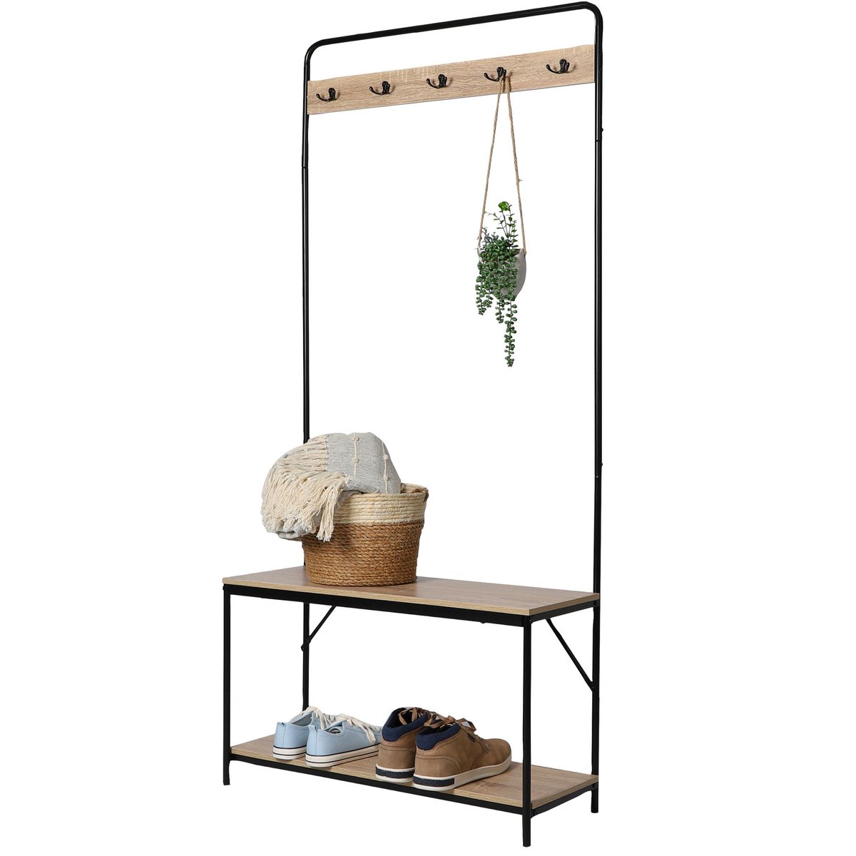 Meuble d'entrée banc + portemanteau bois et métal noir 80x30x170cm bois, WADIGA