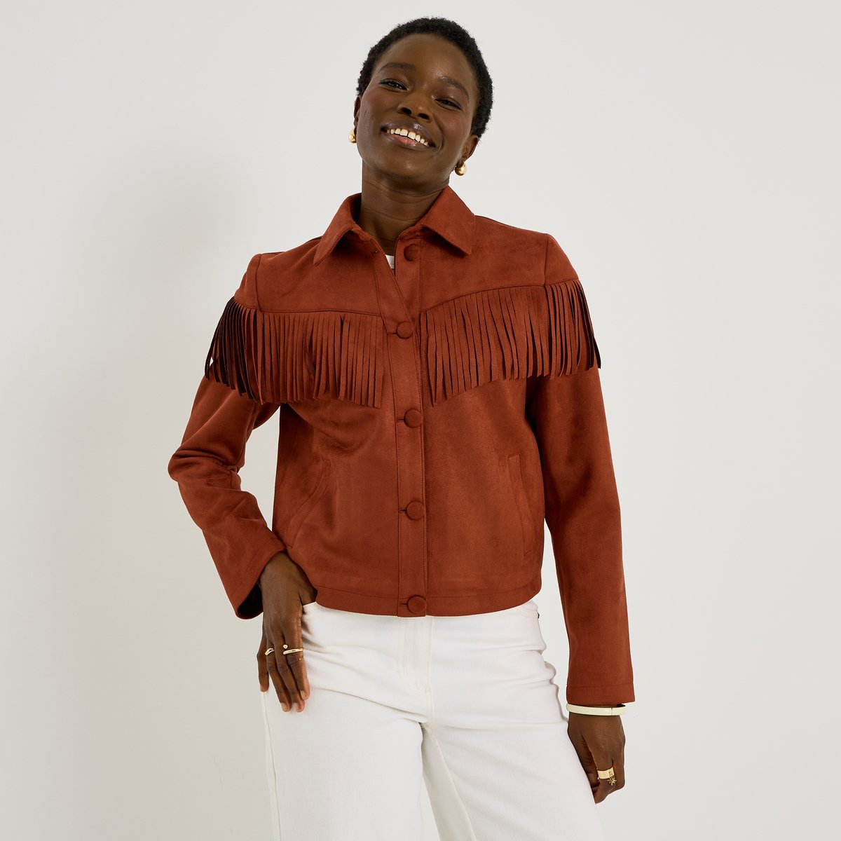 Veste courte en suédine à franges orange bordeaux, GRAIN DE MALICE