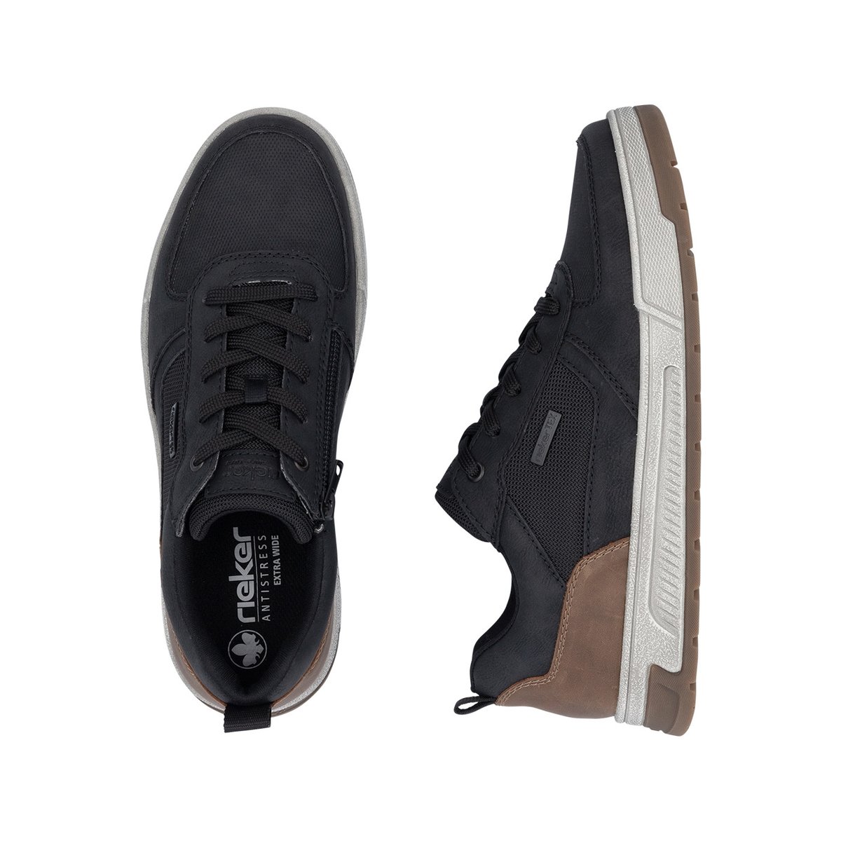 Sneakers noires à talon plat pourvues de lacets et d'un zip latéral noir, RIEKER