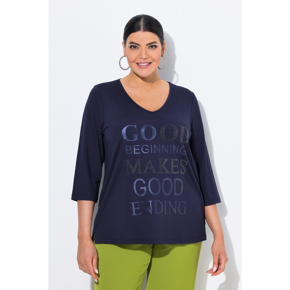 T-shirt décolleté V et manches 3/4 marine, ULLA POPKEN