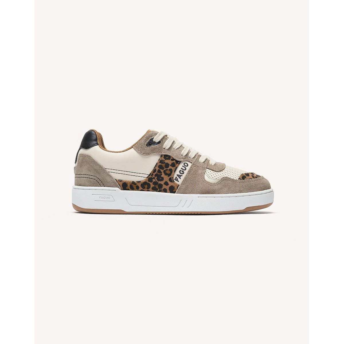 Baskets basses cuir suede CEIBA écru et léopard, FAGUO