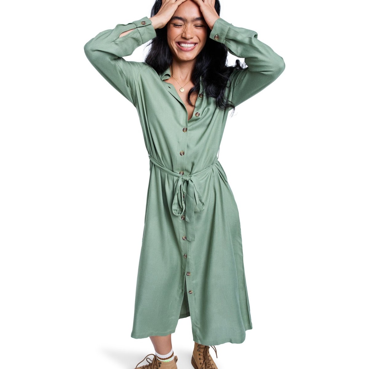 Robe midi à col et manches longues boutonnées sur le devant ISLAND ESCAPE SOLID. vert oil green, ROXY