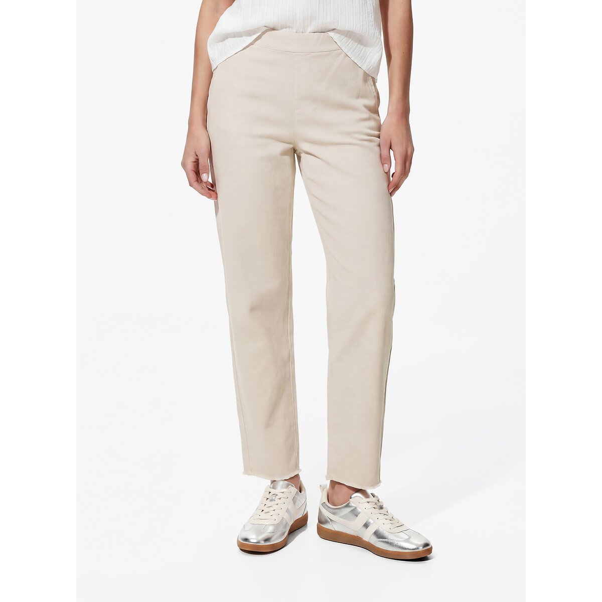 Pantalon droit frangé, taille haute ecru, PIECES