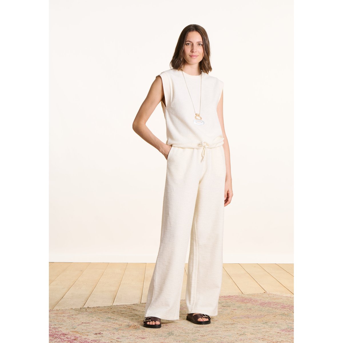 Pantalon large élastiqué en jersey ecru, LA FEE MARABOUTEE