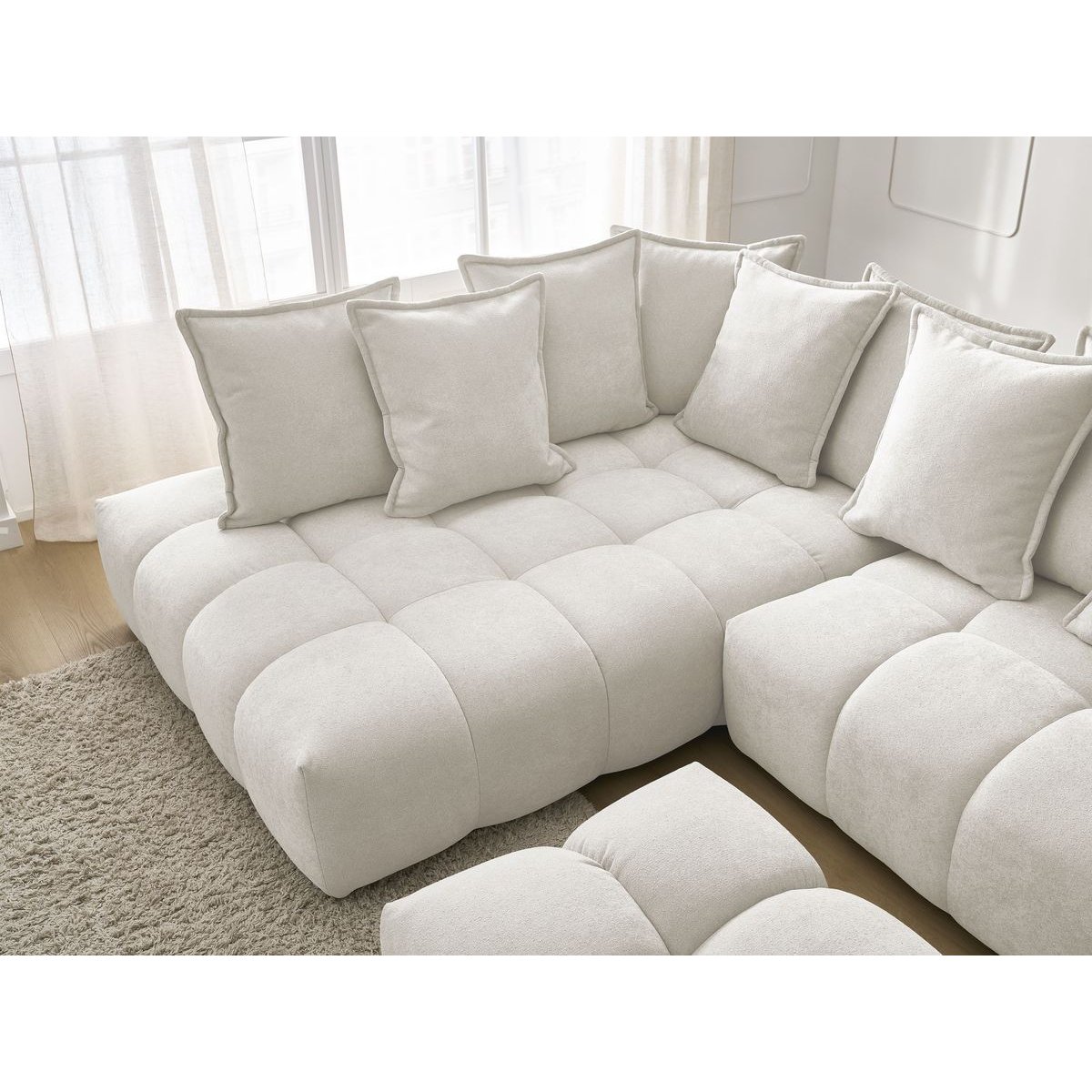 Canapé d'angle convertible 4 places en tissu texturé avec pouf, EVEREST blanc, BOBOCHIC