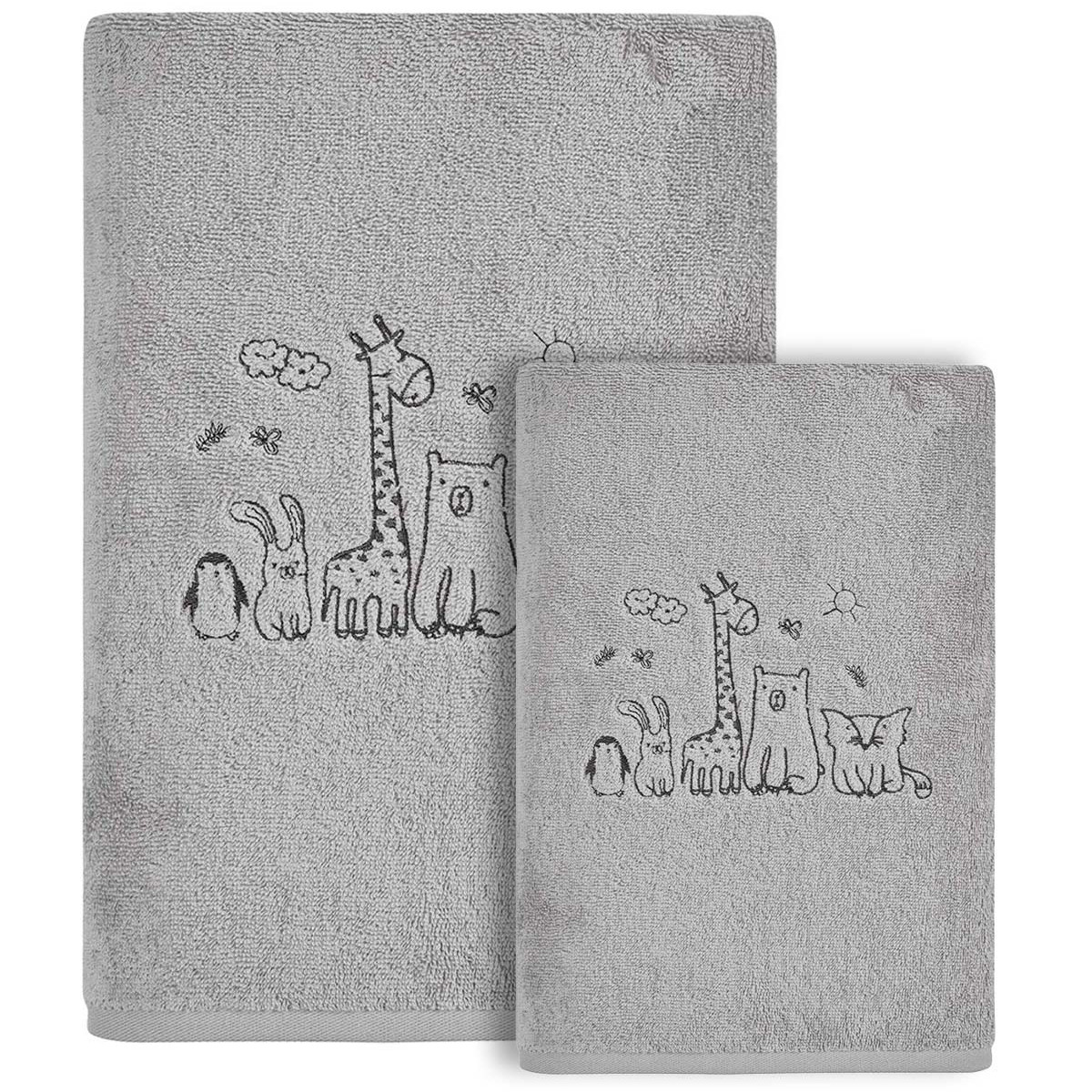 Ensemble enfant 1 serviette de toilette + 1 drap de bain BABY JUNGLE gris cendré, SENSEI MAISON