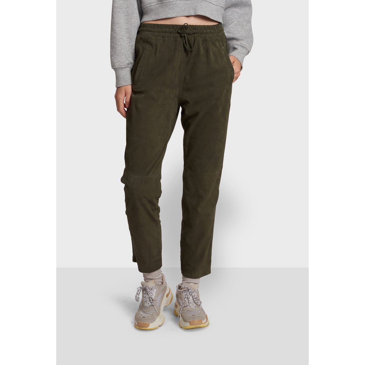 Pantalon en daim à taille élastiquée GIFT kaki foncé, OAKWOOD