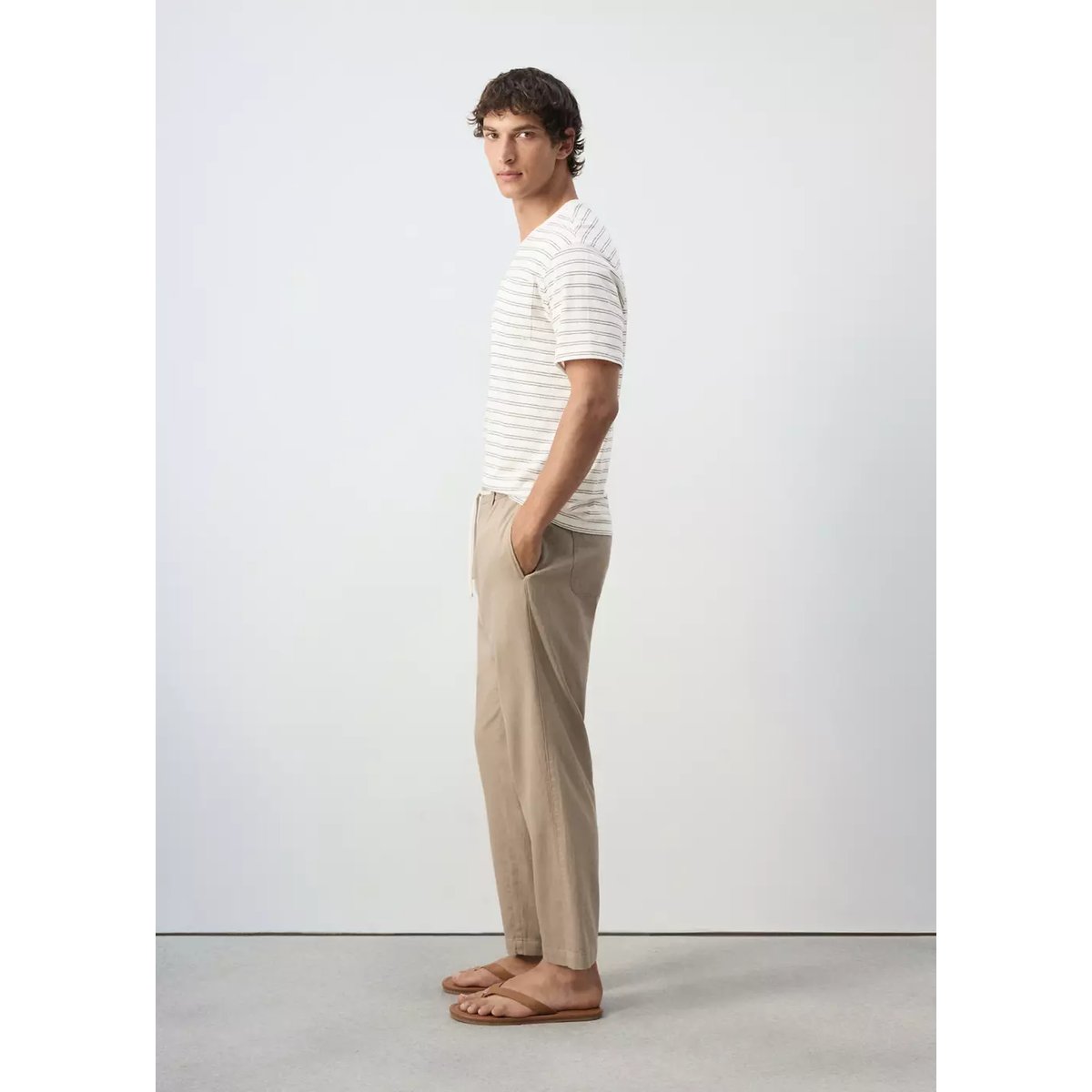Pantalon relaxed fit en mélange de coton et lin beige, MANGO MAN