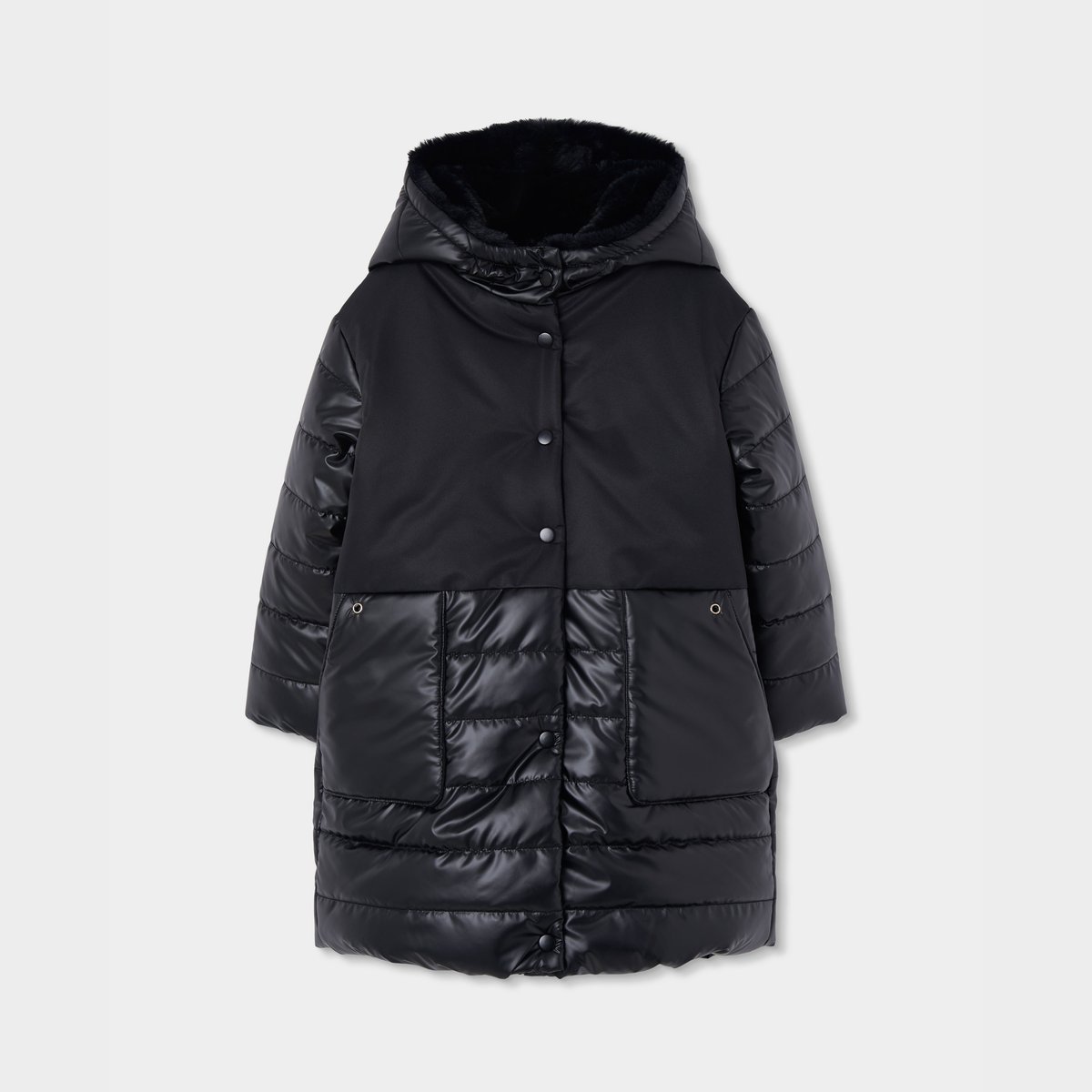 Parka fille en tissu technique à capuche noir, BOBOLI