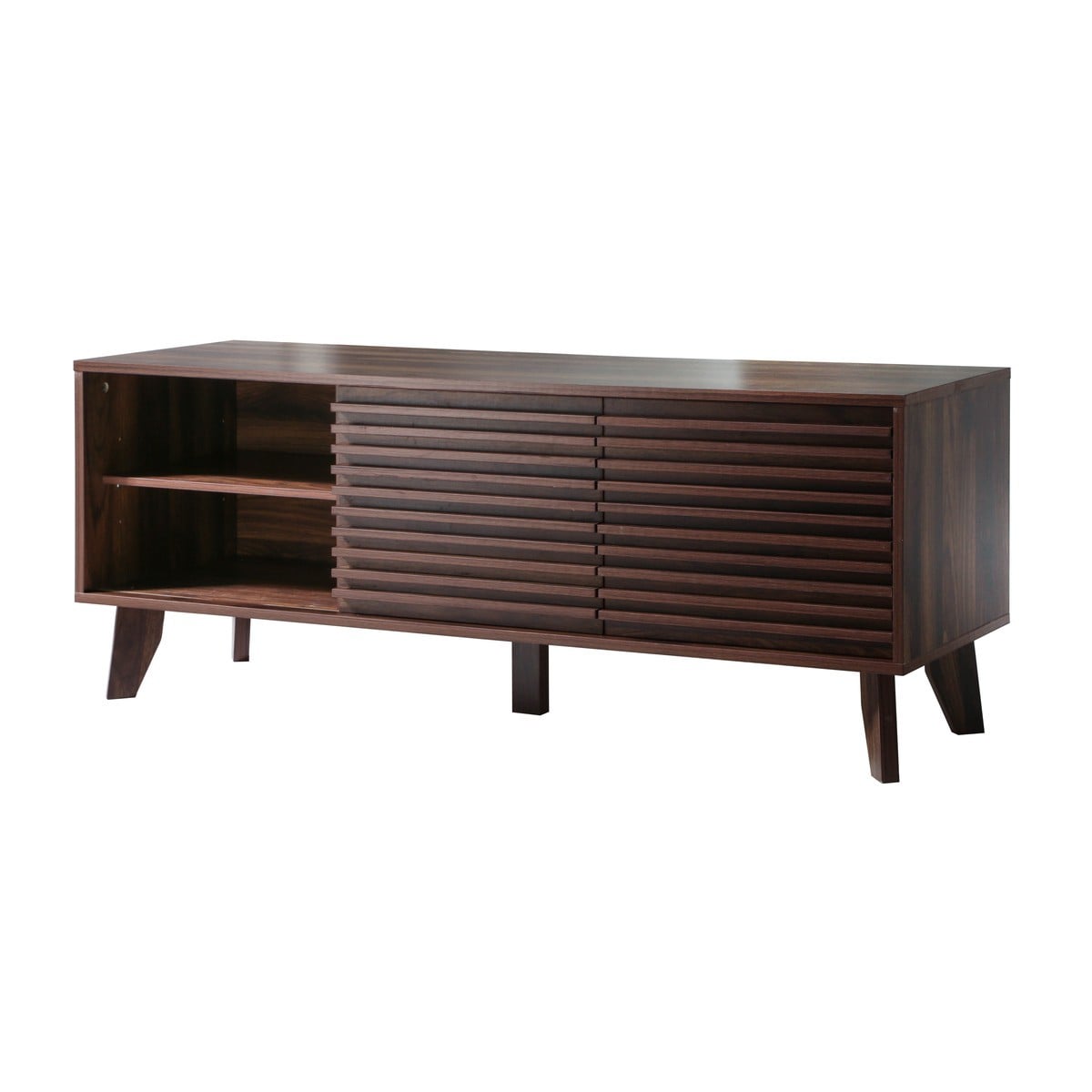 Meuble TV portes coulissantes Façades Effet Bois Rainuré L135 cm - FRIBOURG bois foncé, CALICOSY