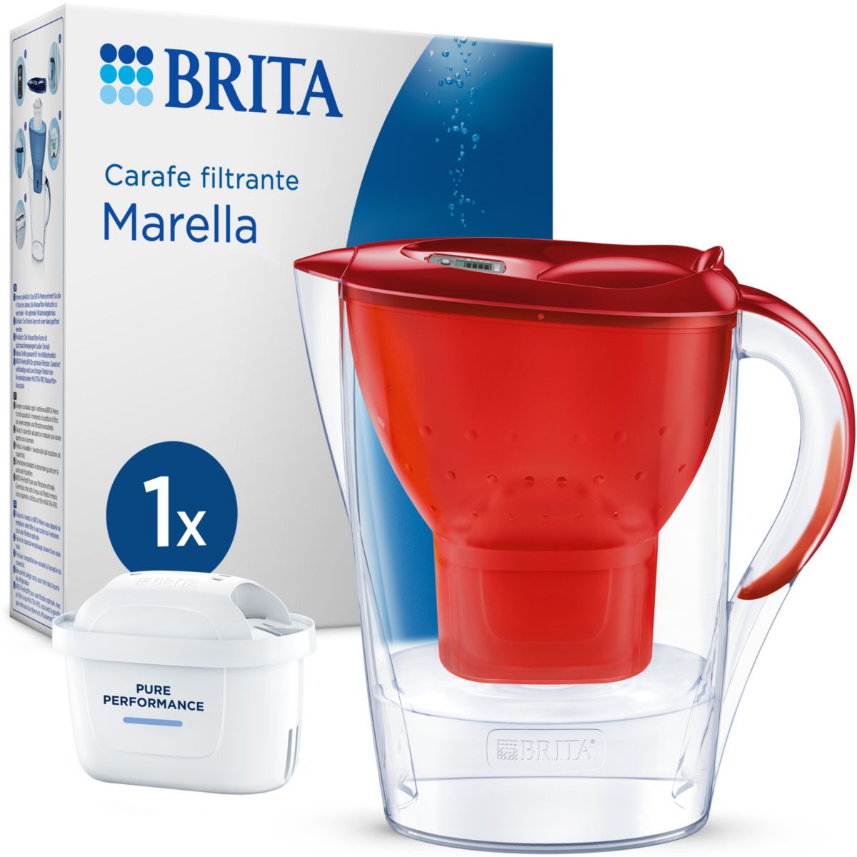 Carafe filtrante Marella rouge + 1 cartouche Maxtra Pro rouge, BRITA