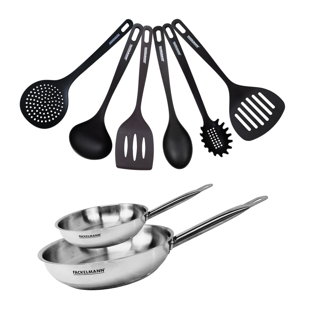 Set de 2 poêles 20 et en inox et 6 ustensiles ETERNA inox|noir, FACKELMANN