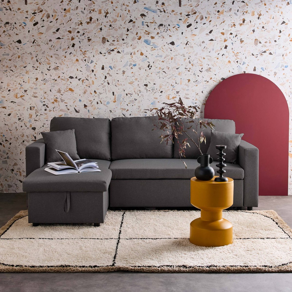 Canapé d'angle convertible réversible 3 places tissu avec coffre SMILE noir, SWEEEK