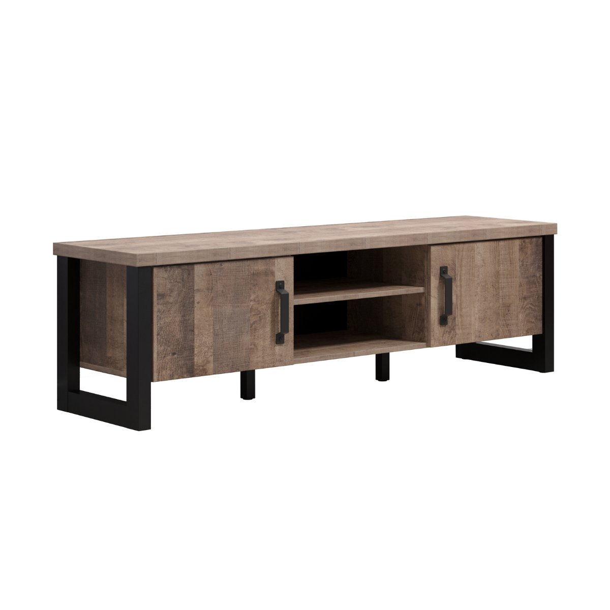 Meuble TV 2 portes, 2 niches et 2 ouvertures passe-câbles L166 cm - EMILE bois clair, CALICOSY