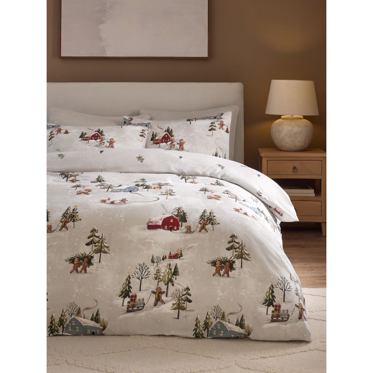 Parure de lit en coton brossé noël motif ski naturel, NEXT