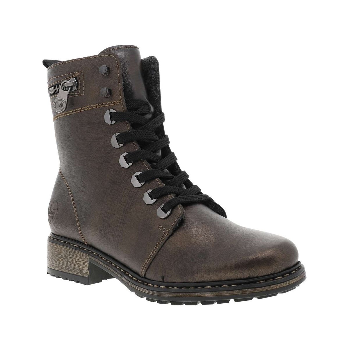 Bottines en cuir enduit bronze à talon décroché bas avec des lacets et un zip bronze, RIEKER