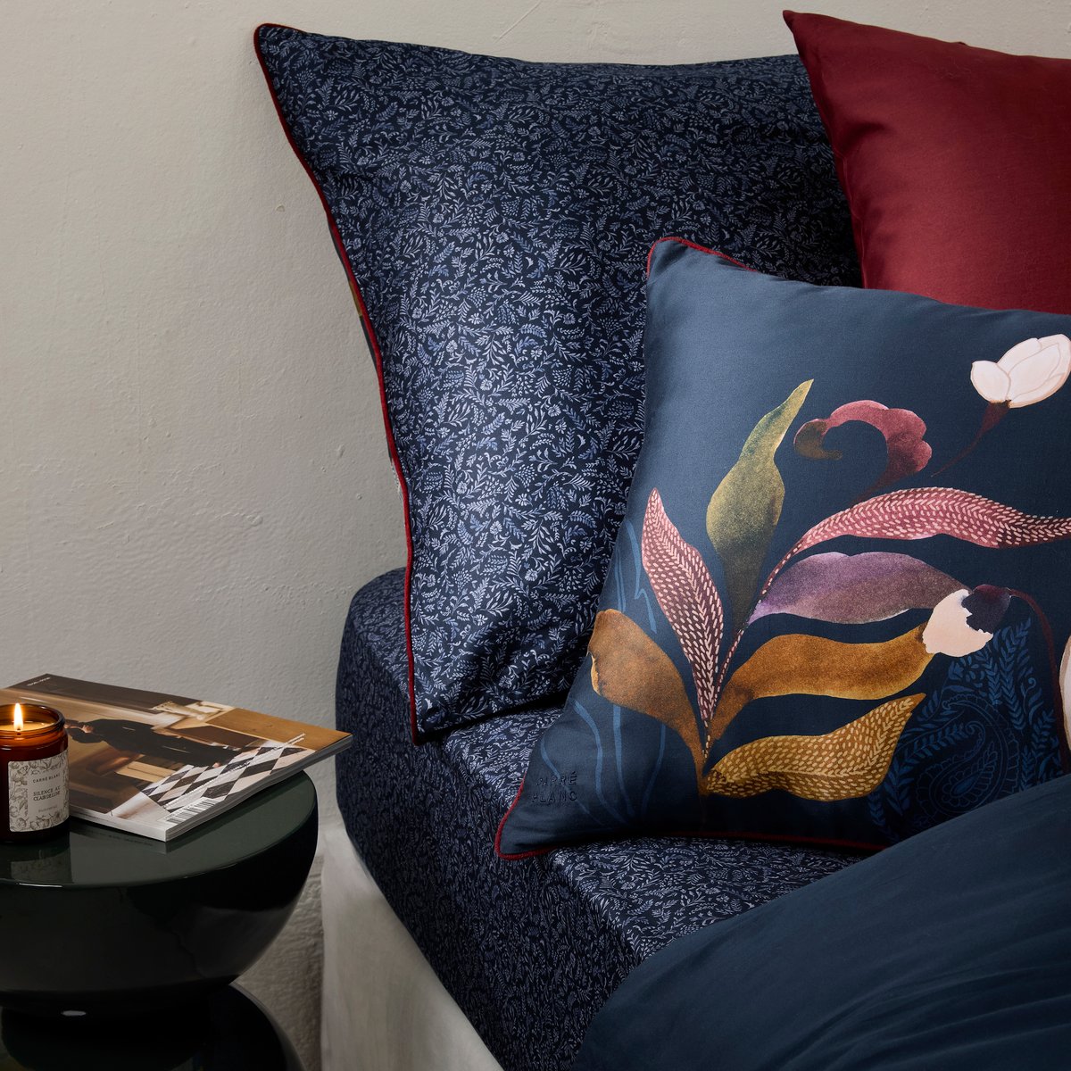 Drap housse satin de coton ORINE imprimé, CARRE BLANC