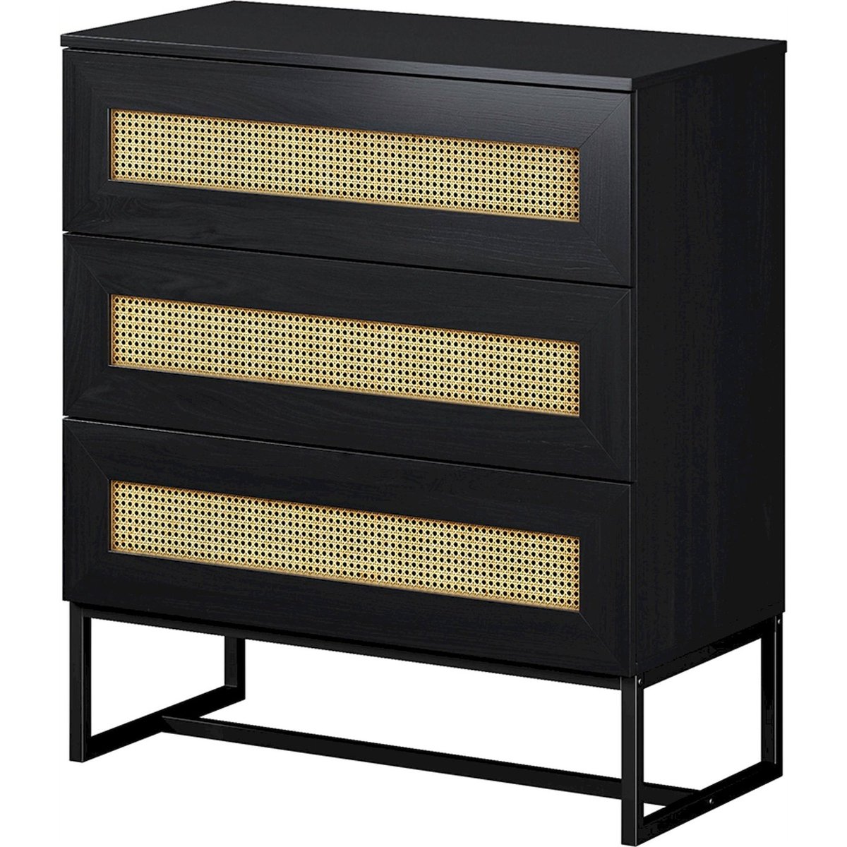 Commode 3 tiroirs cannage collection KERALS noir et chêne, RECOLLECTION