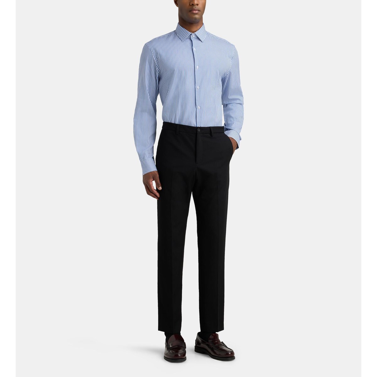 Chemise droite hsrten rayures sans repassage coton bio bleu, GALERIES LAFAYETTE