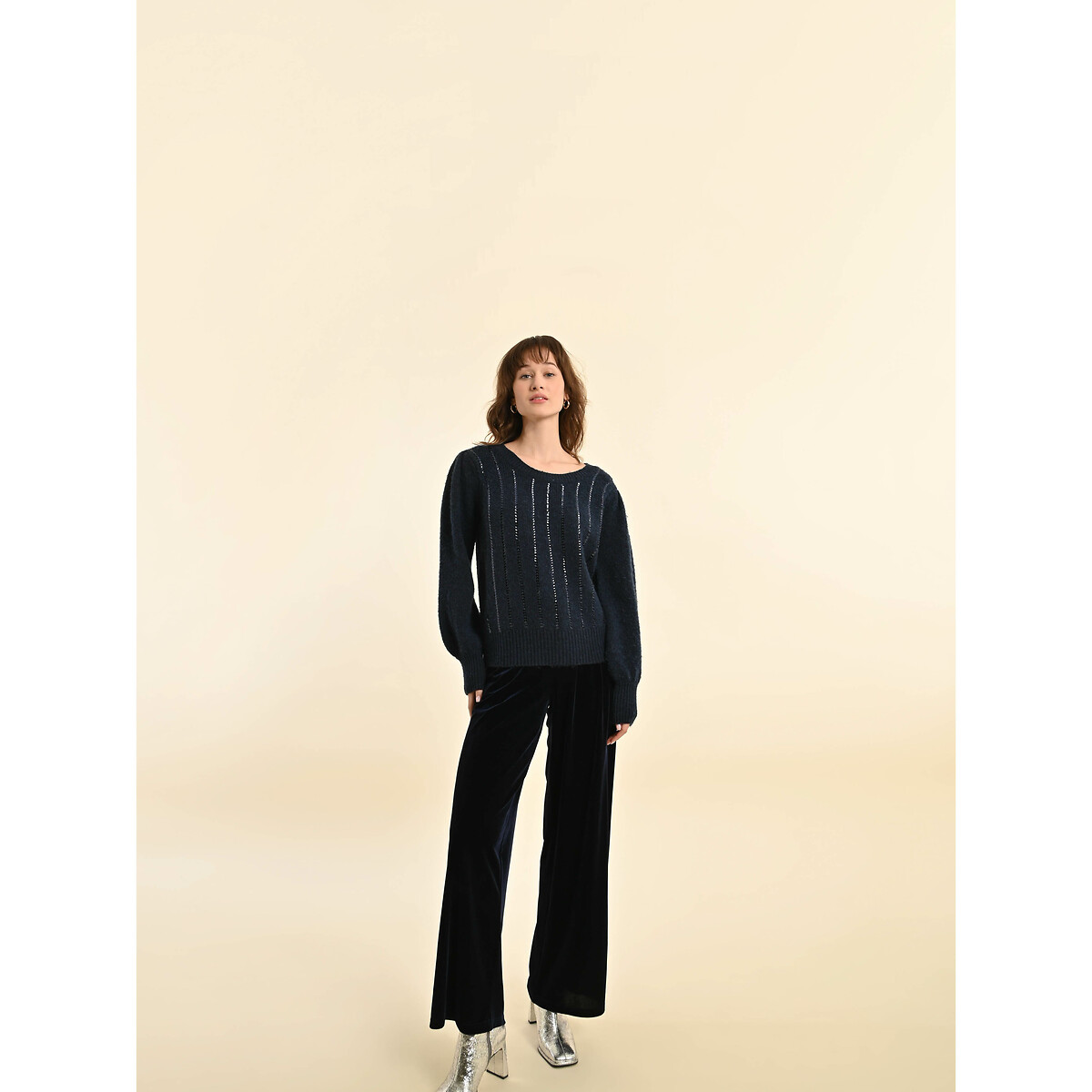 Sequin Puff Sleeve Jumper navy blue, MOLLY BRACKEN